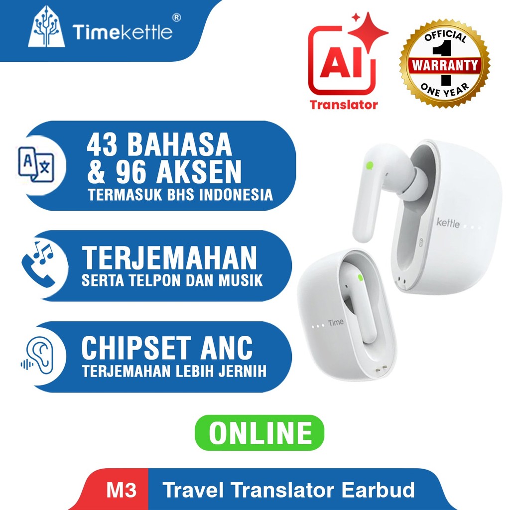 Timekettle M3 ONLINE Earbuds AI Translator | Alat Penerjemah Bahasa Real-Time | Mendukung 40+ Bahasa