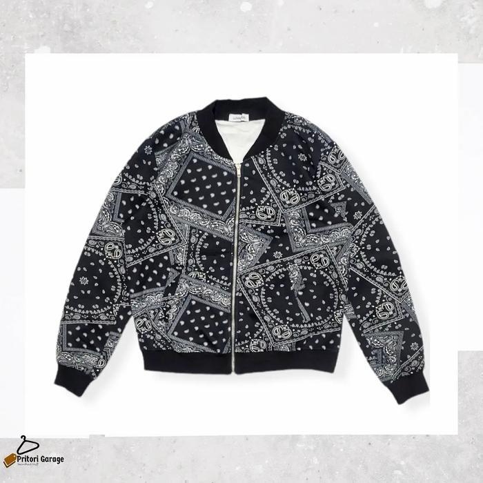 Bomber Satin Nylon Jacket Sashiko Pattern Lunacion Black White Color