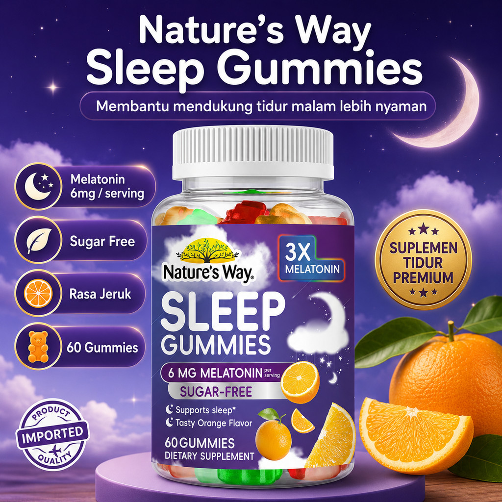 Nature’s Way Sleep Gummies Melatonin 6mg Sugar Free 60 Gummies Suplemen Tidur Rasa Orange