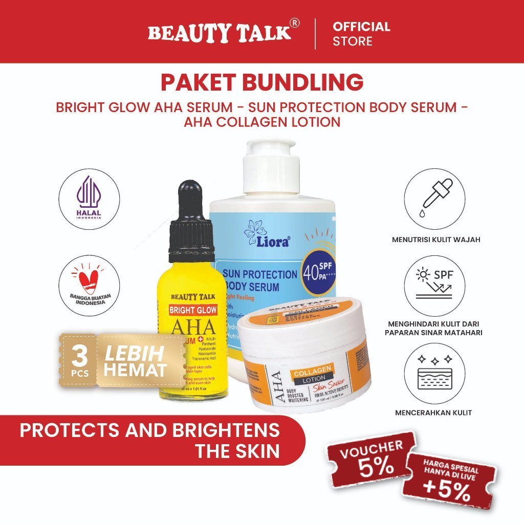 [Bundling hemat - 3 Pcs] BEAUTY TALK AHA Collagen Lotion 100ML + BEAUTY TALK Bright Glow AHA Serum 3