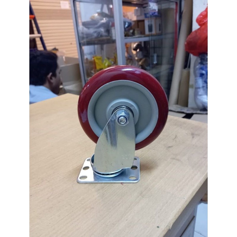 Roda PU Merah 5" inch RHJ-TW Plat Hidup Roda Troli RHJ Germany Medium Duty Double Bearing