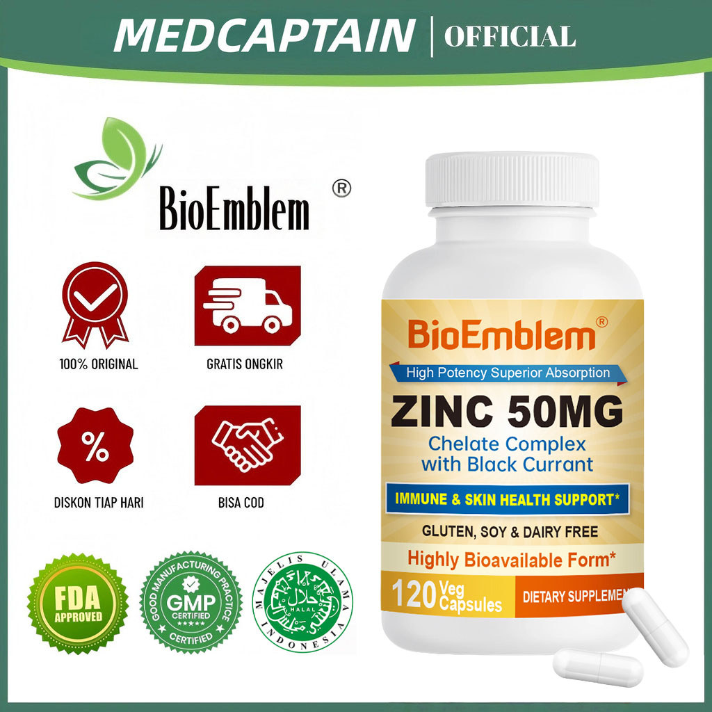 MEDCAPTAIN BioEmblem Zinc Capsule 50mg 120pcs Suplemen Imun Terbaik Mendukung Daya Tahan Tubuh, Seha
