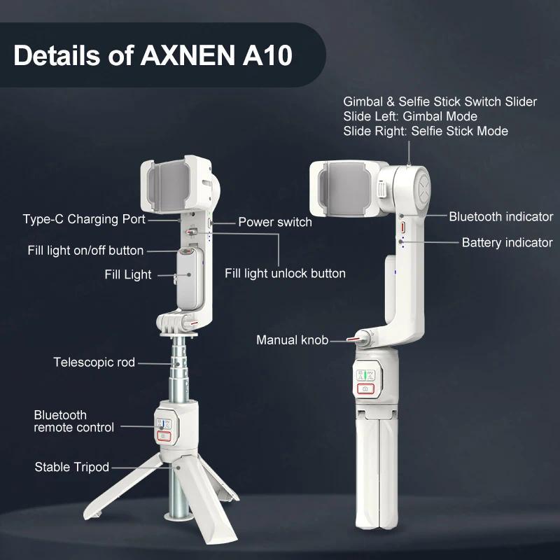 AXNEN A10 Handheld Gimbal Smartphone Stabilizer with Fill Light Extension Rod Remote Cellphone Selfi