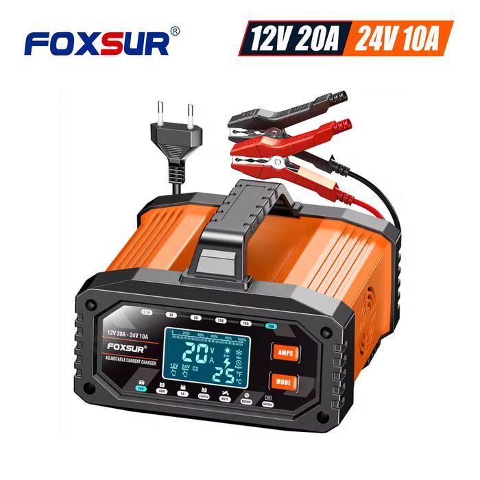 FOXSUR 20A Charger Aki Mobil Motor Truk 12V 20A - 24V 10A Smart Charger 10 Stage Pengisian Multifung