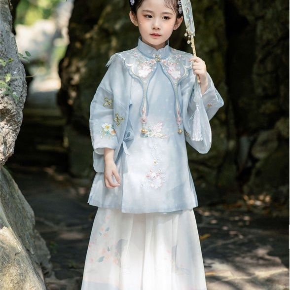 Hanfu anak-anak baru, gaya Dinasti Ming, kemeja lengan lebar, setelan Tang lengan panjang
