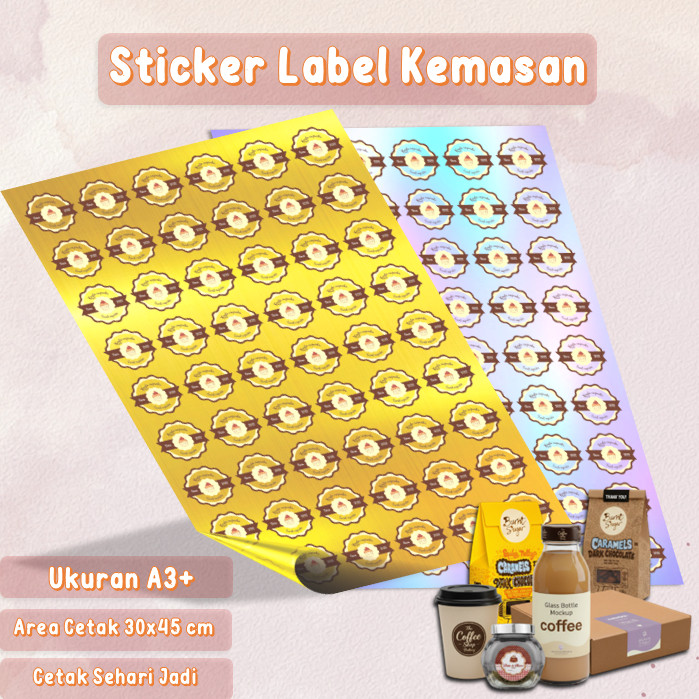 Cetak Stiker Label Kemasan Produk Warna Hologram/gold 3D Ukuran A3+