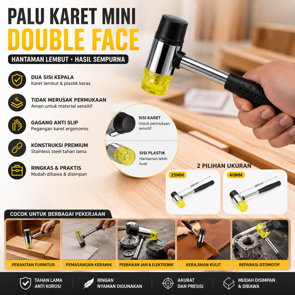 Palu Karet Mini Double Face Stainless Steel Martil Karet Plastik Dua Sisi Soft Mallet 25mm 40mm Perk