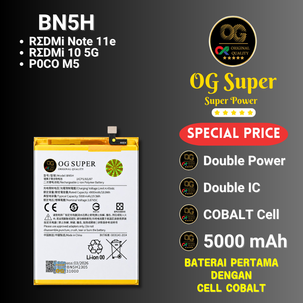 OG Super Baterai BN5H Poco M5, Redmi Note 11e, Redmi 10 5G, Double IC Power