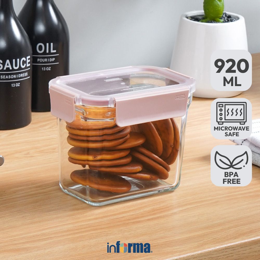 Informa Glasslock 920 ml Pure Wadah Makanan Tall Rectangle - Pink Food Container Kotak Makan Food Gr
