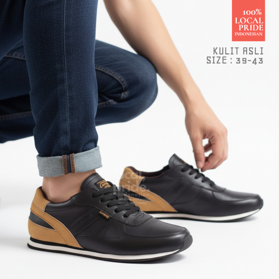 CEVANY Sepatu Sneakers Casual Kulit Asli Pria - Struggle Black