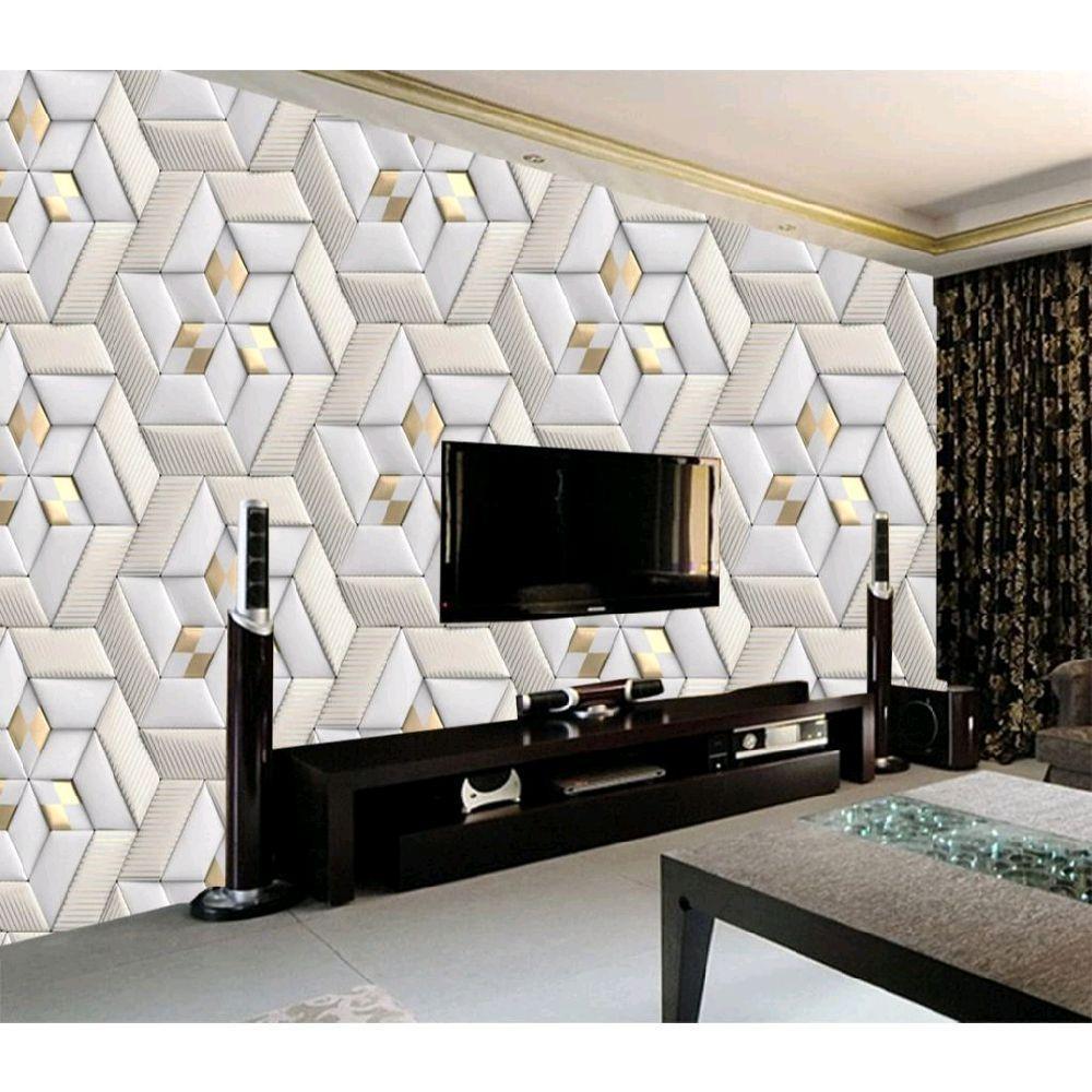 Wallpaper Sticker Dinding Ruang Tamu Motif Hexagonal 3D Putih Elegan Mewah Anti Air