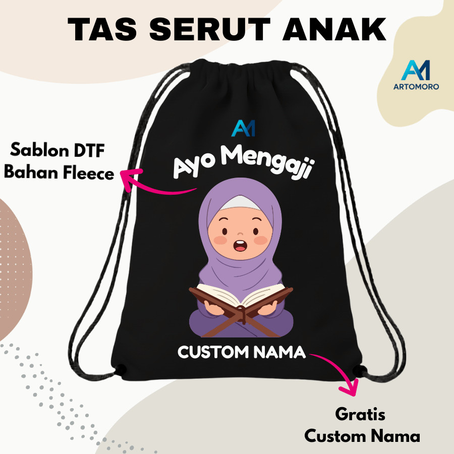Tas Serut Anak Custom Nama Sablon Logo Goodie Bag Sekolah