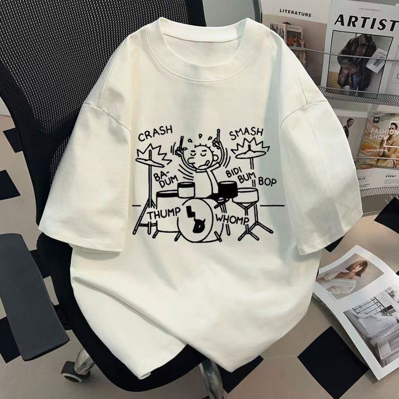 Kaos Unisex Cetak Drum Set Streetwear Musim Semi Musim Panas Longgar Atasan Pakaian Dalam