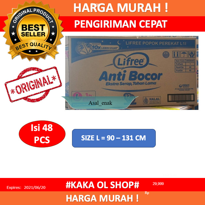 Lifree Popok Perekat Dewasa / Popok Dewasa Perekat Ukuran M/L/XL isi 48 Pcs/Karton