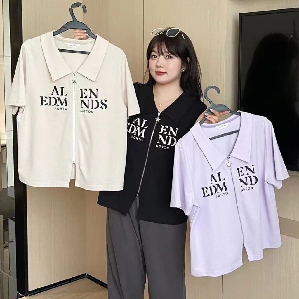 Aroana Atasan Wanita Jumbo LD 120 160 Hitam Top Lengan Pendek T-Shirt Longgar Zipper Cetak