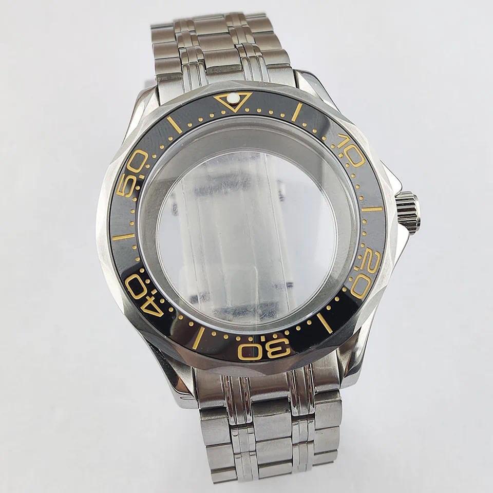 Casing jam tangan pria 42mm, baja tahan karat warna perak, kaca safir, cocok untuk mesin jam NH35, a