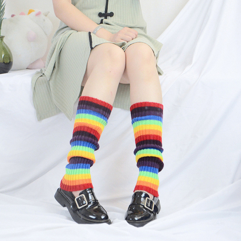 [Saror]Set Kaos Kaki Rajut Pelangi Baru Kaos Kaki Bergaris Pelangi Kaos Kaki Tumpukan Setengah Betis