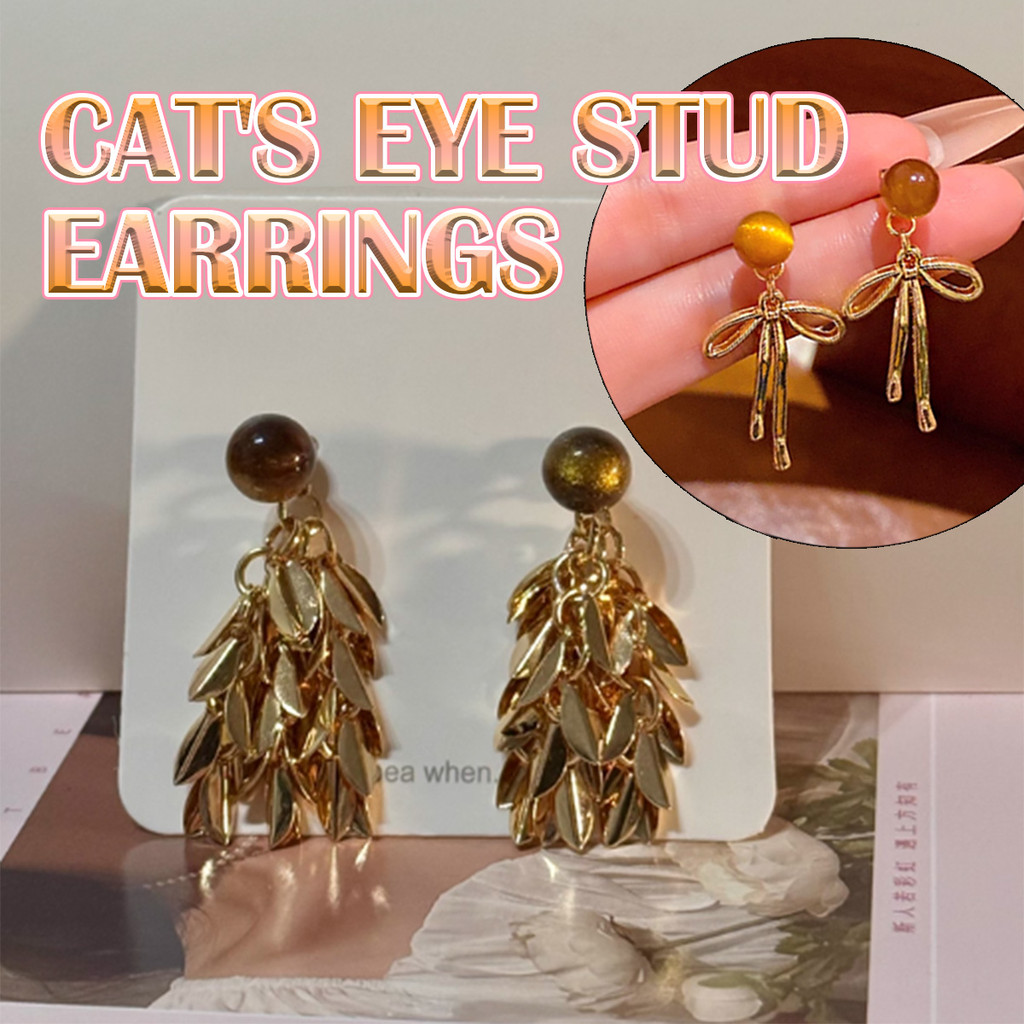 Anting Panjang Anting Wanita Batu Tiger Eye Anting mewah bergaya retro Anting pita emas Simple Elega