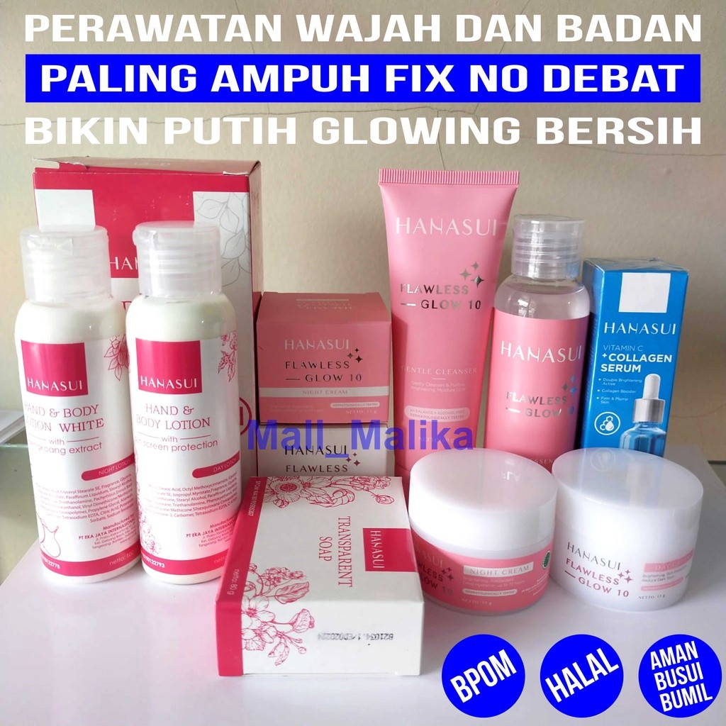 Paket Lengkap Hanasui Flawless Glow 10 Day Cream Night Cream 15g - Hanasui Body Care 3in1 Perawatan 