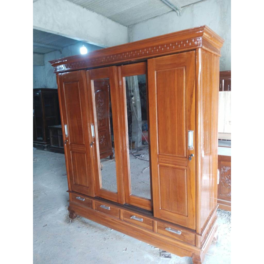 lemari pakaian 4 pintu sliding minimalis full kayu asli jati