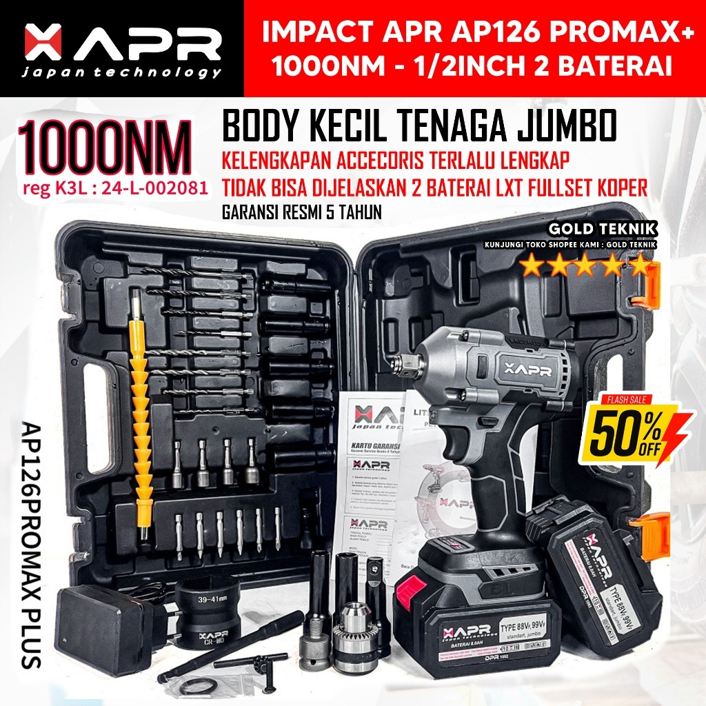 APR RAJA IMPACT WRENCH APR AP 126 PROMAX 1000NM VERSI LENGKAP 2 BATERAI AP126PROMAX+