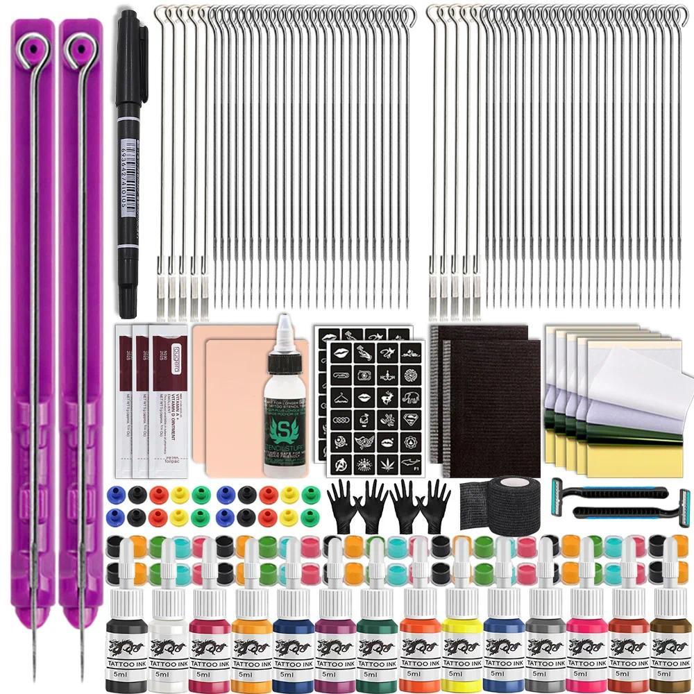 Kit Tato 3D Hand Poke and Stick, Jarum Tato, Wadah Tinta Tato, Pigmen, Sarung Tangan, Perban, untuk 