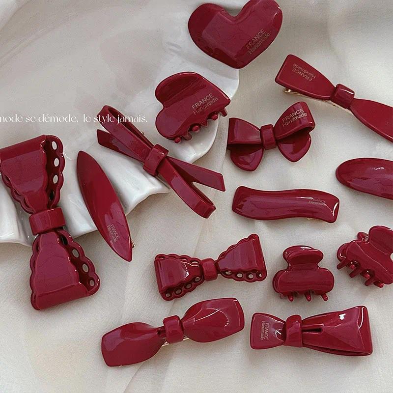 New Year Festival Atmosphere Head Clip Wine Red Bow Bang Clip Duckbill Clip Sweet Retro High Quality