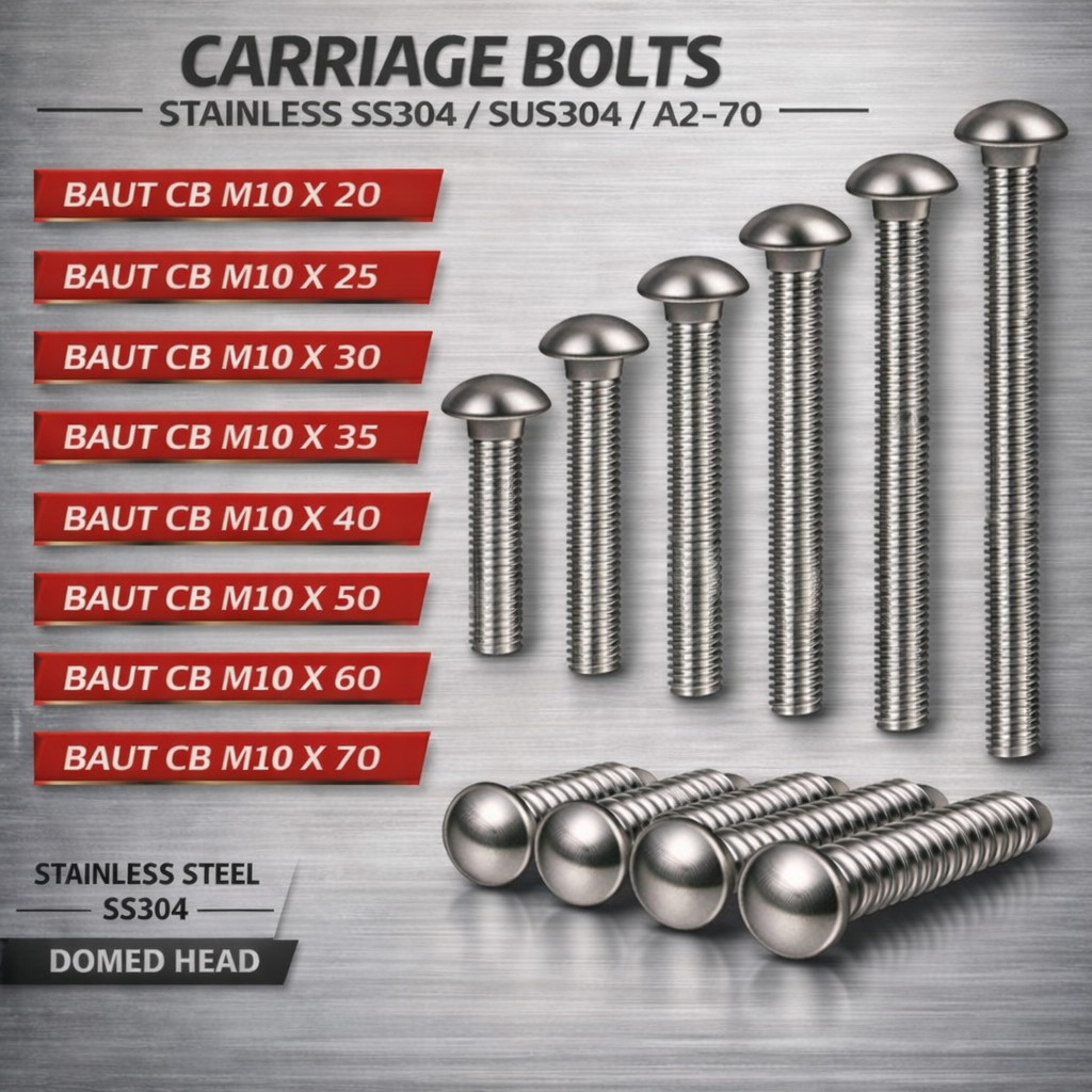 Baut CB M10X25 / Baut Bemper 10X25 / Carriage Bolt M10 X 25 / Baut Payung 10 X 25 / Baut Pagar M10X2