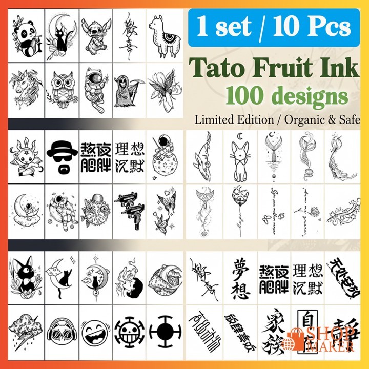 10 Lembar 1 Set Tato Semi Permanen Tato Temporer Fruit Ink Waterproof Natural