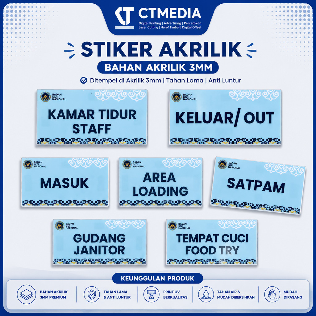 Stiker Akrilik Papan Nama Ruang Gedung BGN SPPG MBG, Custom Nama Ruang Dapur MBG 30 X 15 CM - B499