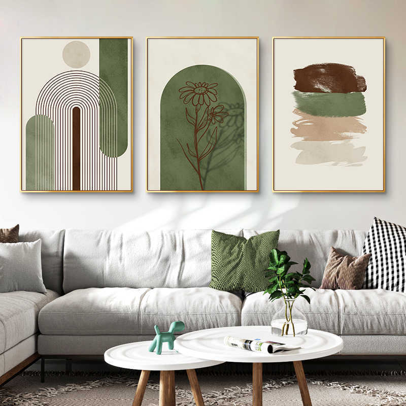 Hiasan Dinding Ruang Tamu 3 Pcs | Wall Art Warna Hijau Morandi Nordic Minimalis Untuk Sofa & Restora