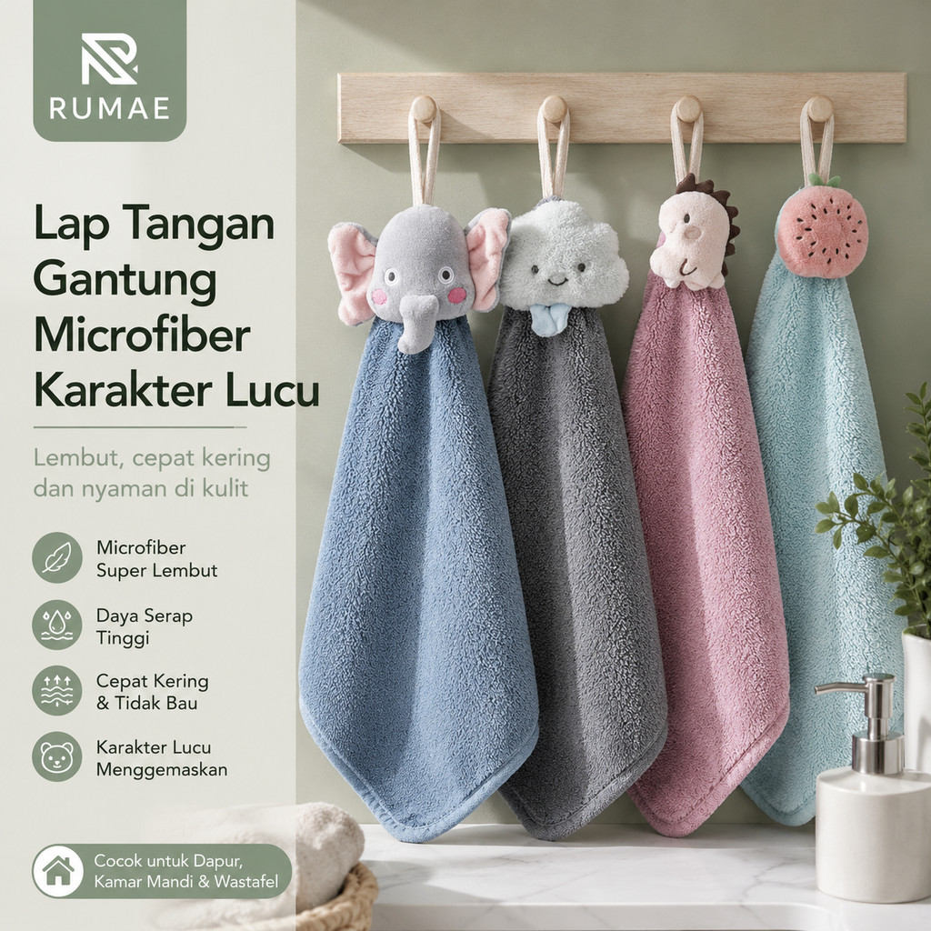 RUMAE Lap Tangan Gantung Microfiber Karakter Lucu Handuk Dapur Kamar Mandi Cepat Kering Estetik