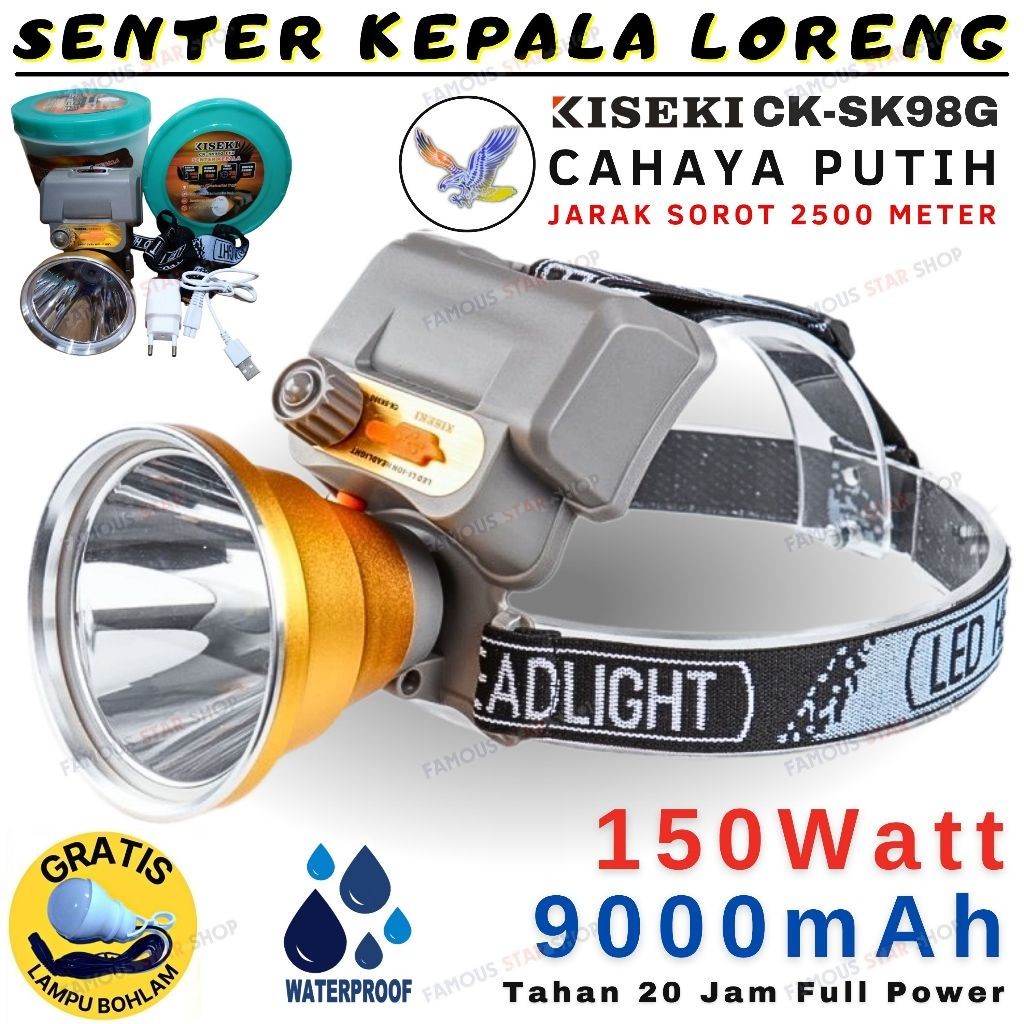 Senter Kepala Super Terang Cahaya Putih / Senter Kepala KISEKI CK SK98G 150 Wat / KISEKI CK SK88 80 