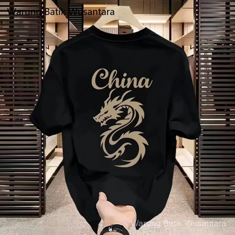 Baju Kaos kaos katun 100% pria katun anti keringat kerah bundar ukuran besarPola Naga Gaya Nasional 