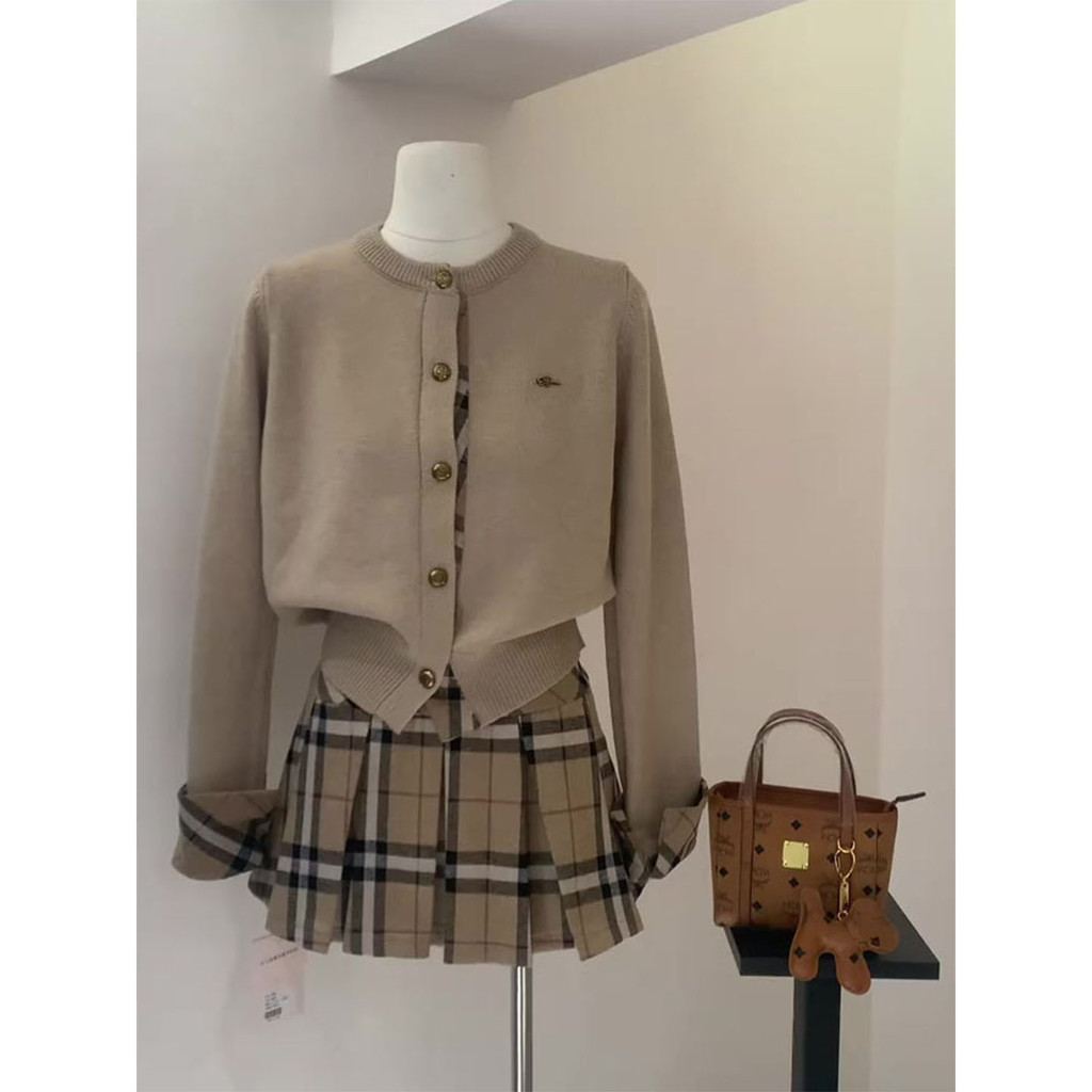 Set Atasan Kardigan Rajut Kotak-kotak Lengan Panjang Gaya Korea Wanita dan Rok Lipit