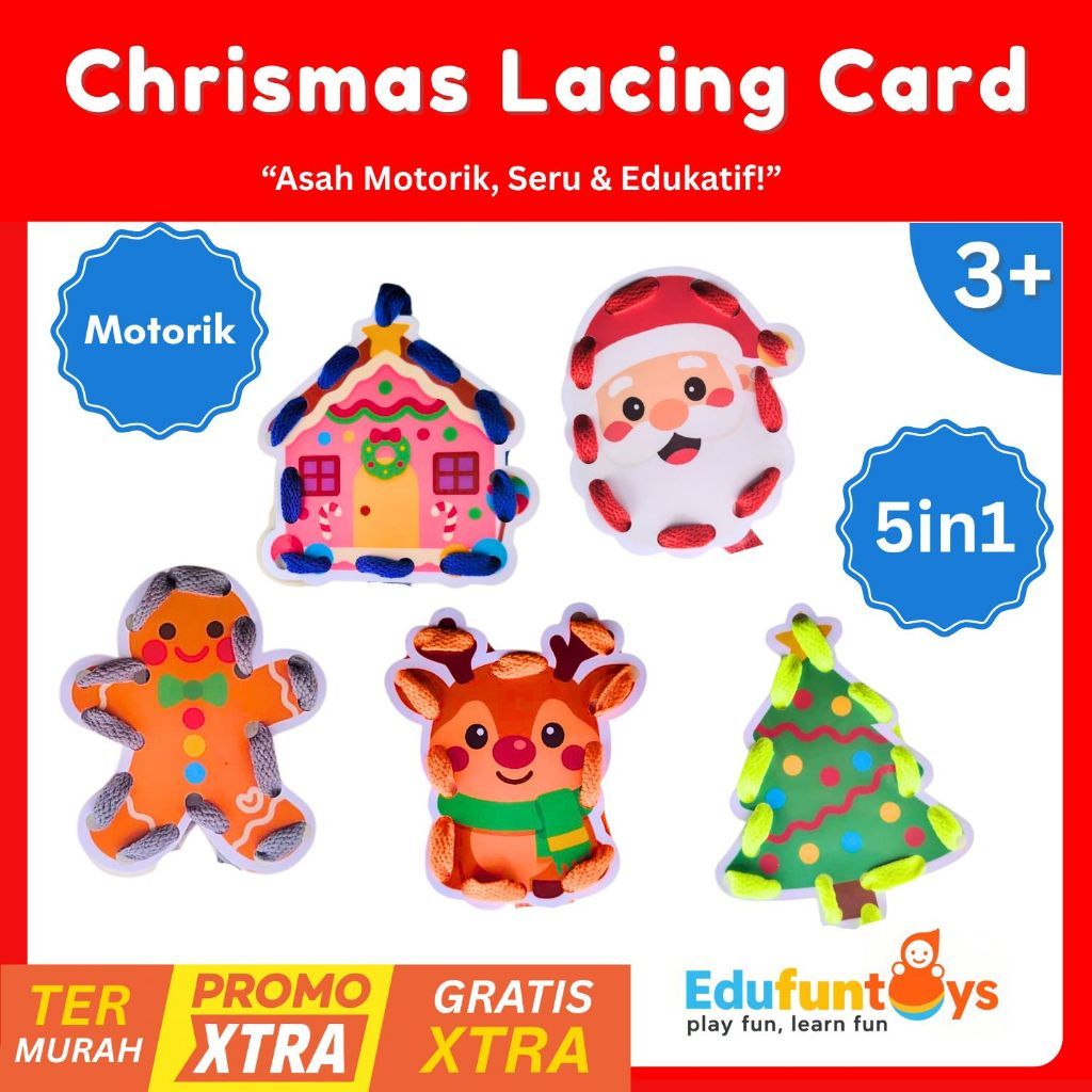 Christmas Lacing Card Set 5in1 – Mainan Lacing Montessori Motorik Anak