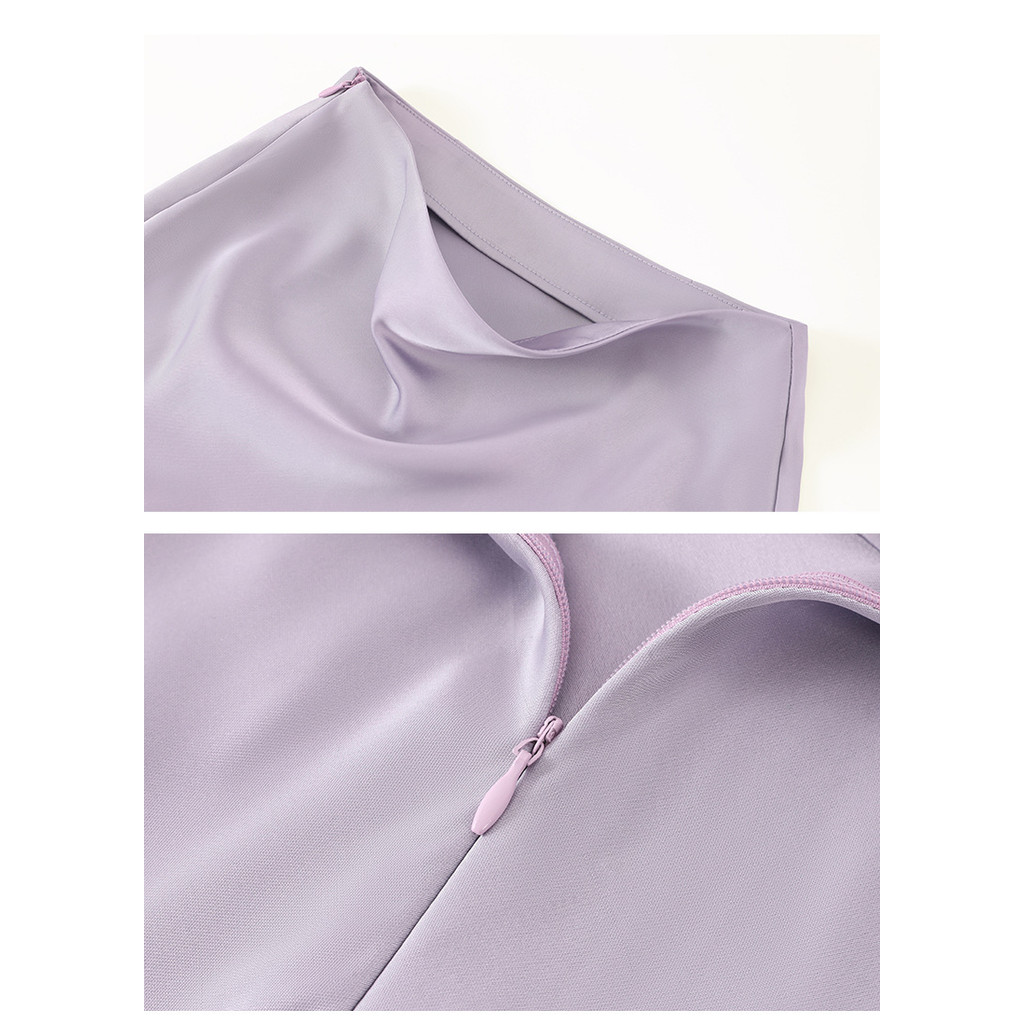 Rok midi satin asetat ungu untuk wanita, gaya minimalis, rok dopamin super cantik