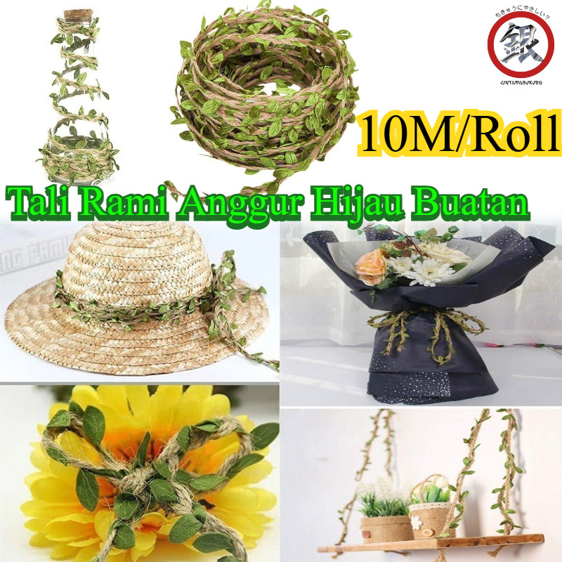 10Meter/Roll Tali Rami Anggur Hijau Buatan/ Tali Daun Rambat / Tali Pita Goni Daun/ Tali Goni Dengan