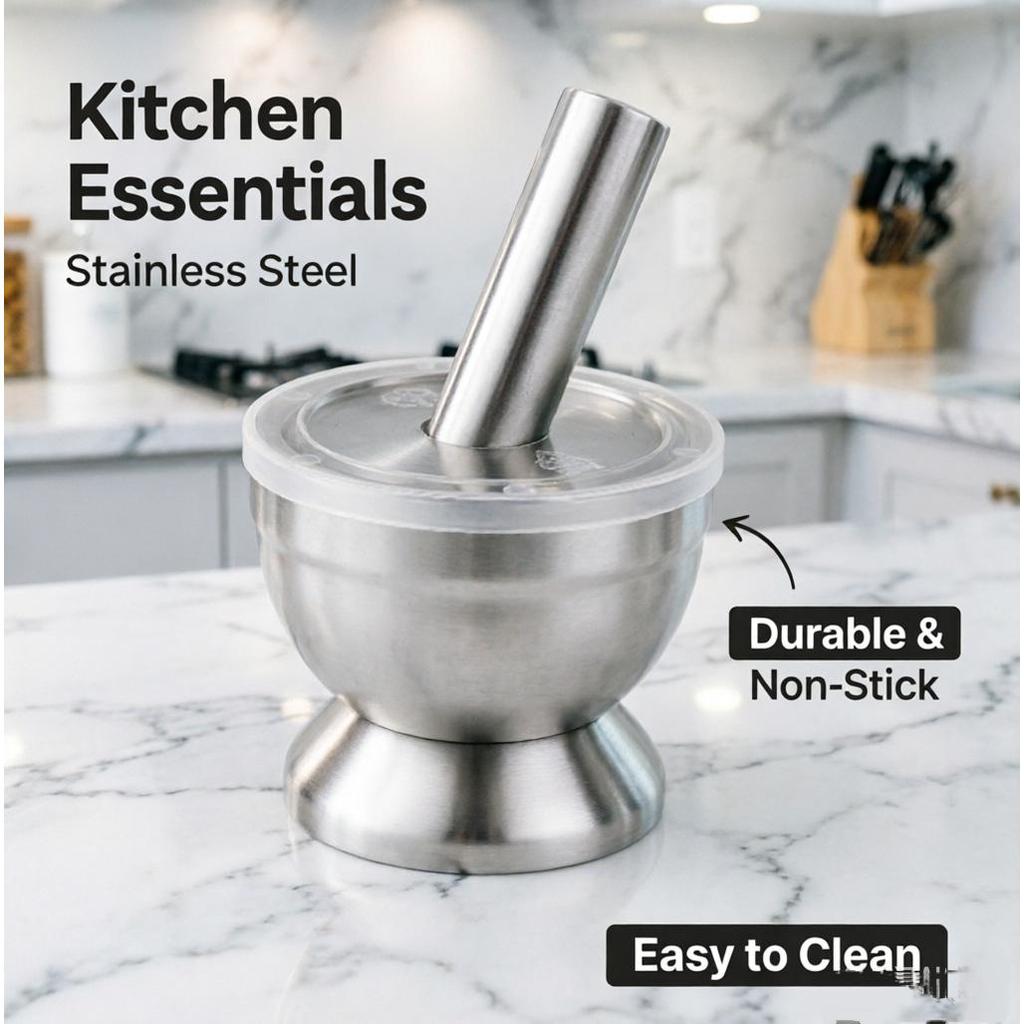 Cobek Stainless / ulekan Stainless / Tumbukan Bumbu Dapur Dengan Tutup/Mortar Pestle Tumbukan Bumbu 