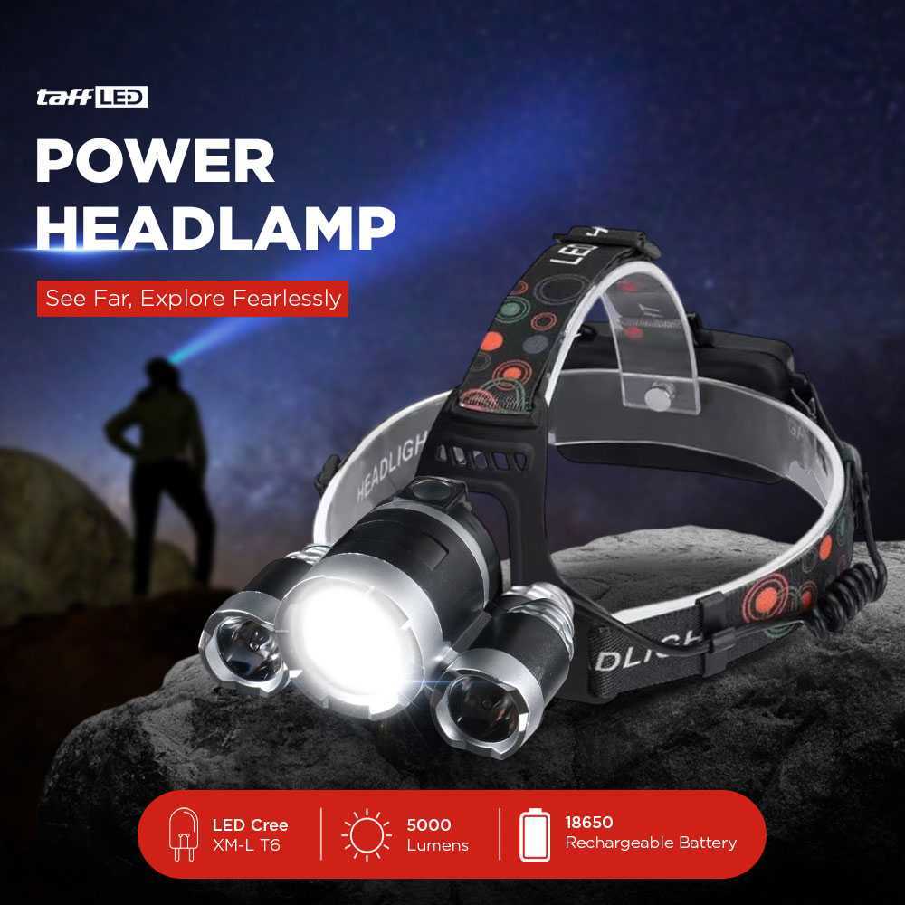 CAS - TaffLED Senter Kepala Headlamp Hiking 3 LED 5000 Lumens Cree XM-L T6 - HP05