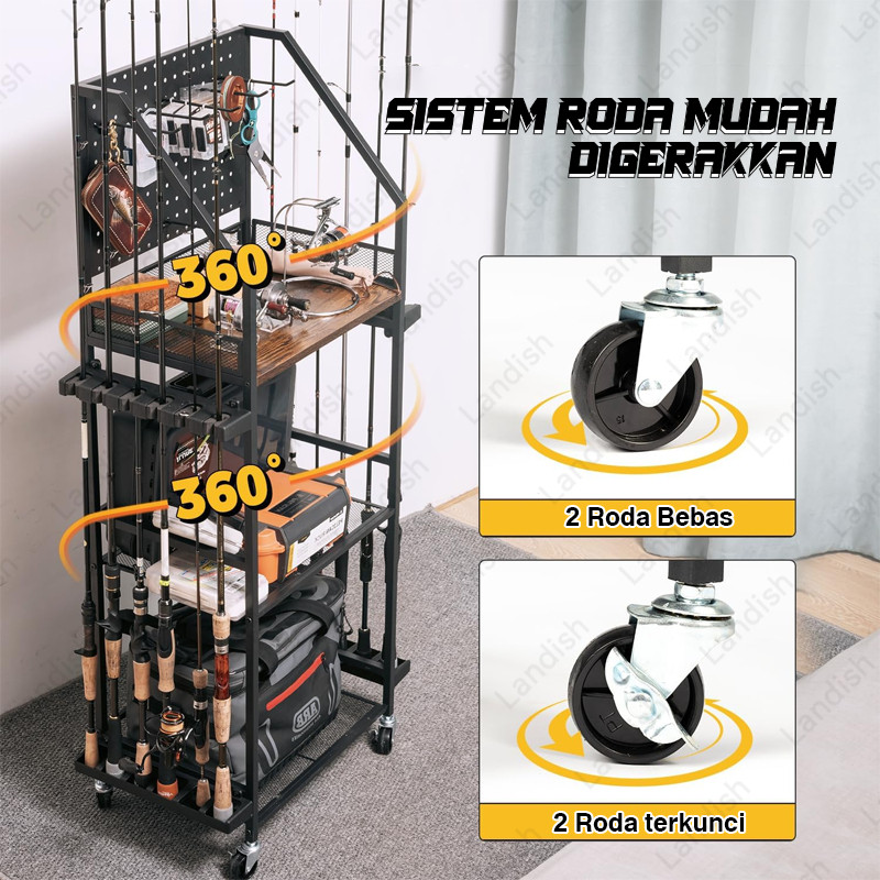 Rak Joran Pancing Beroda 3 Tingkat 12 Rod Rak Penyimpanan Alat Memancing