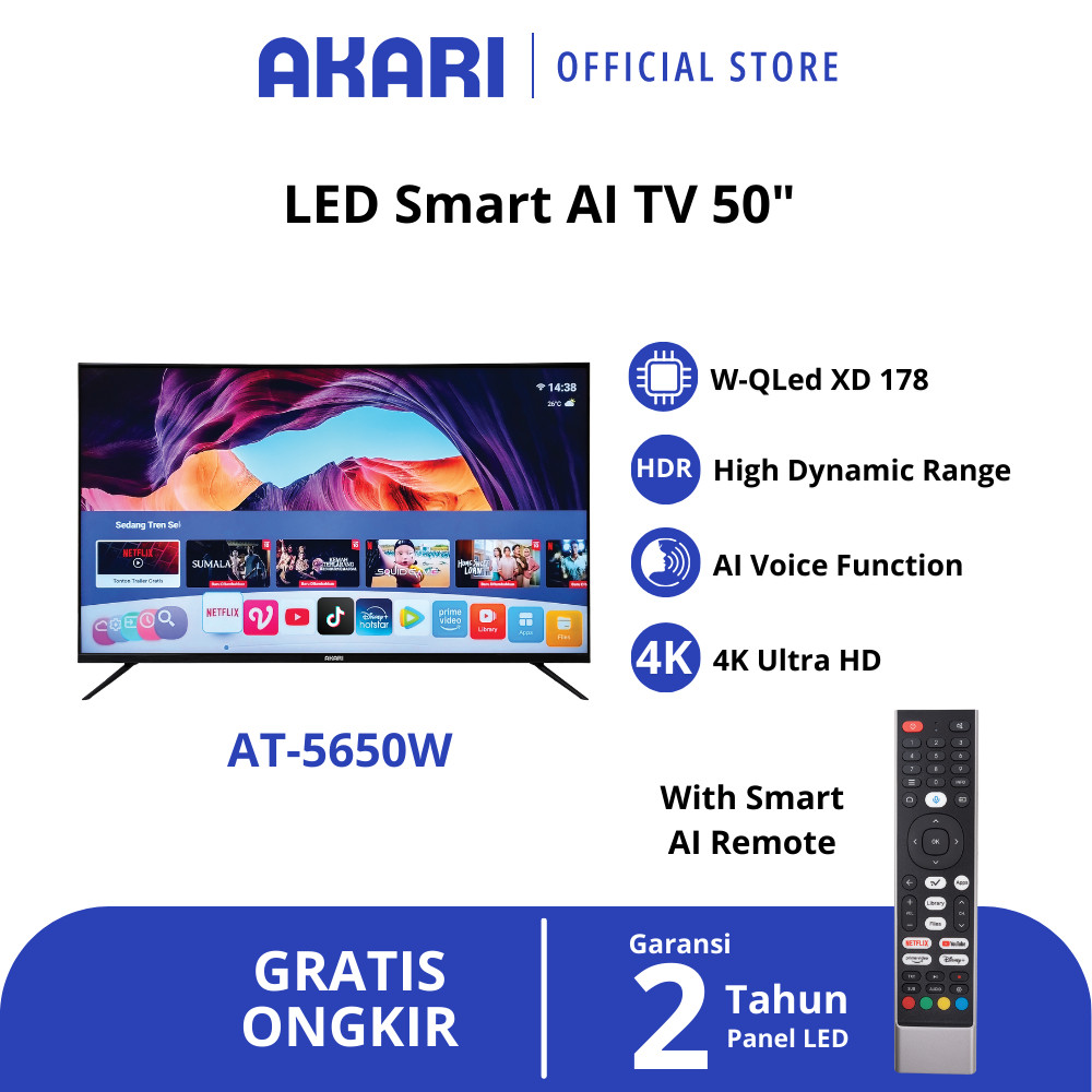[ NEW ] AKARI Smart AI TV 50 inch UHD 4K Voice Command AT-5650W ( LED TV 50 Inch )