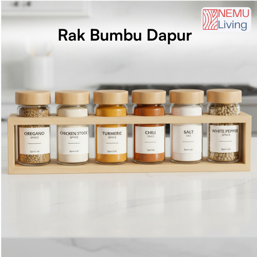 Rak Bumbu Dapur Estetik 6 Botol Kaca Spice Jar Rak Bumbu Kayu Storage Tempat Bumbu Dapur