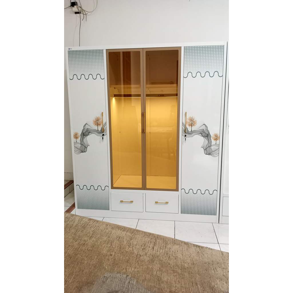 LEMARI BESI 4 PINTU JUMBO LAMPU OTOMATIS PINTU TRANSPARAN