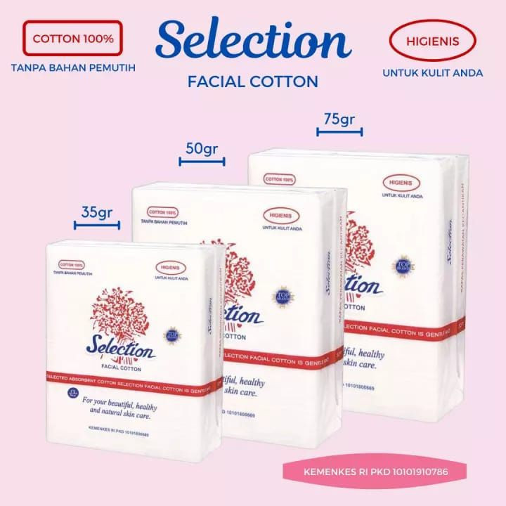 KAPAS MUKA SELECTION FACIAL COTTON 35 50 75 gr KAPAS TANPA PEMUTIH KAPAS WAJAH KOTAK TIPIS TEBAL LEB