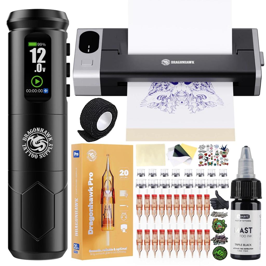 Dragonhawk A1 Pro Tattoo Gun Full Kit with Thermal Tattoo Stencil Printer Complete Tattoo Machine Ca
