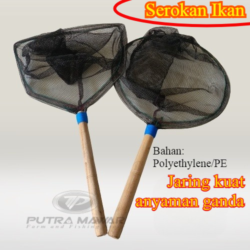 Jaring Seser Bulat Dan Segilima Gagang Kayu / Serokan Ikan Kain Strimin Super Kuat Besar Kecil Yang 