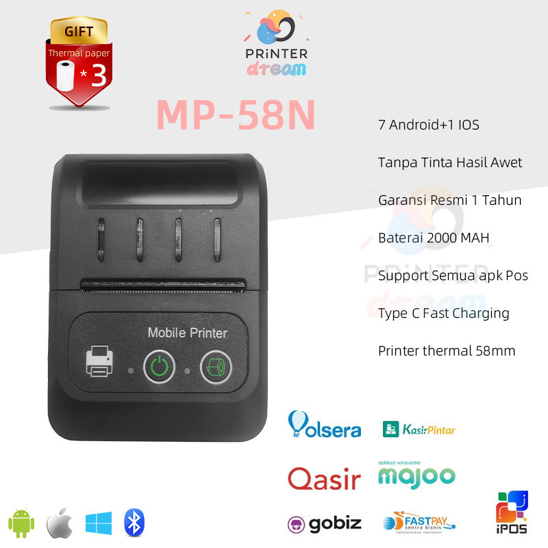 FREE KERTAS PRINTER*3ROLL PRINTER KASIR 58mm Printer Thermal alat print resi support Android/ios/Win