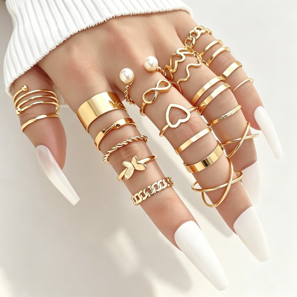 22 Pcs/Set Cincin Wanita Korea Style – Cincin Terbuka Minimalis Emas & Perak, Aksesoris Fashion Ring
