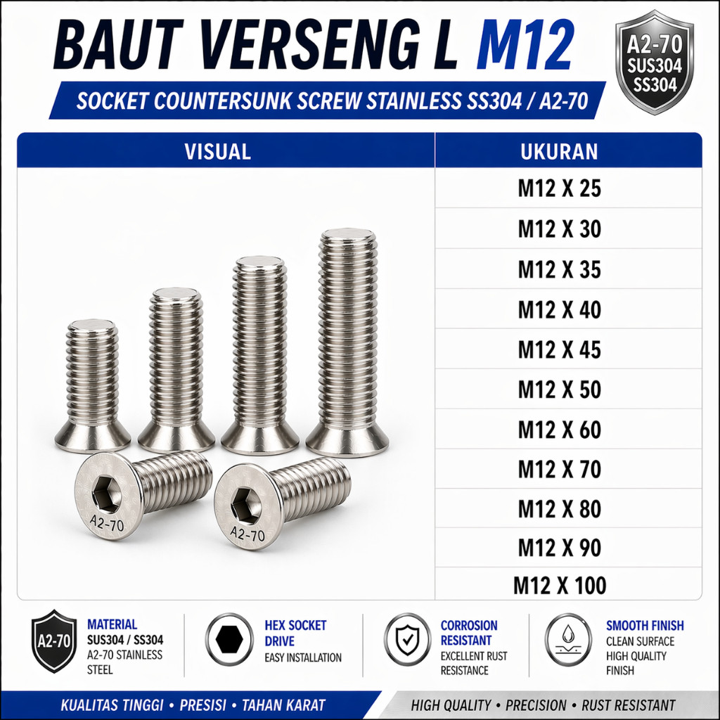 Baut Verseng L M12X100 / Baut JFL 12X100 / Countersunk L M12 X 100 / 12 X 100  - Socket Countersunk 